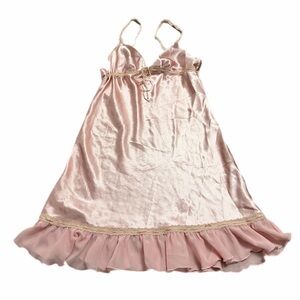 90s/Y2K European Vintage Hunkemöller Satin Lace Trim Mini Slip Dress Pink/Tan S
